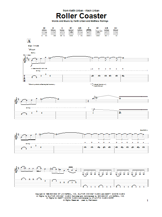 Keith Urban Roller Coaster sheet music notes and chords arranged for Guitar Tab