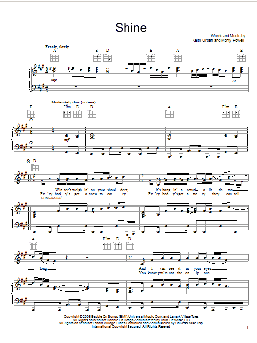 Keith Urban Shine sheet music notes and chords arranged for Piano, Vocal & Guitar Chords (Right-Hand Melody)