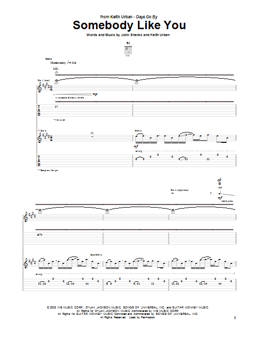 Keith Urban Somebody Like You sheet music notes and chords arranged for Guitar Tab