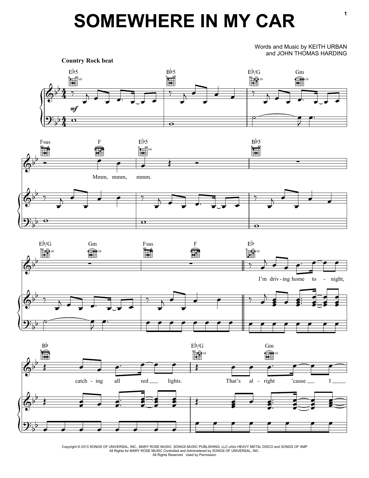 Keith Urban Somewhere In My Car sheet music notes and chords arranged for Piano, Vocal & Guitar Chords (Right-Hand Melody)