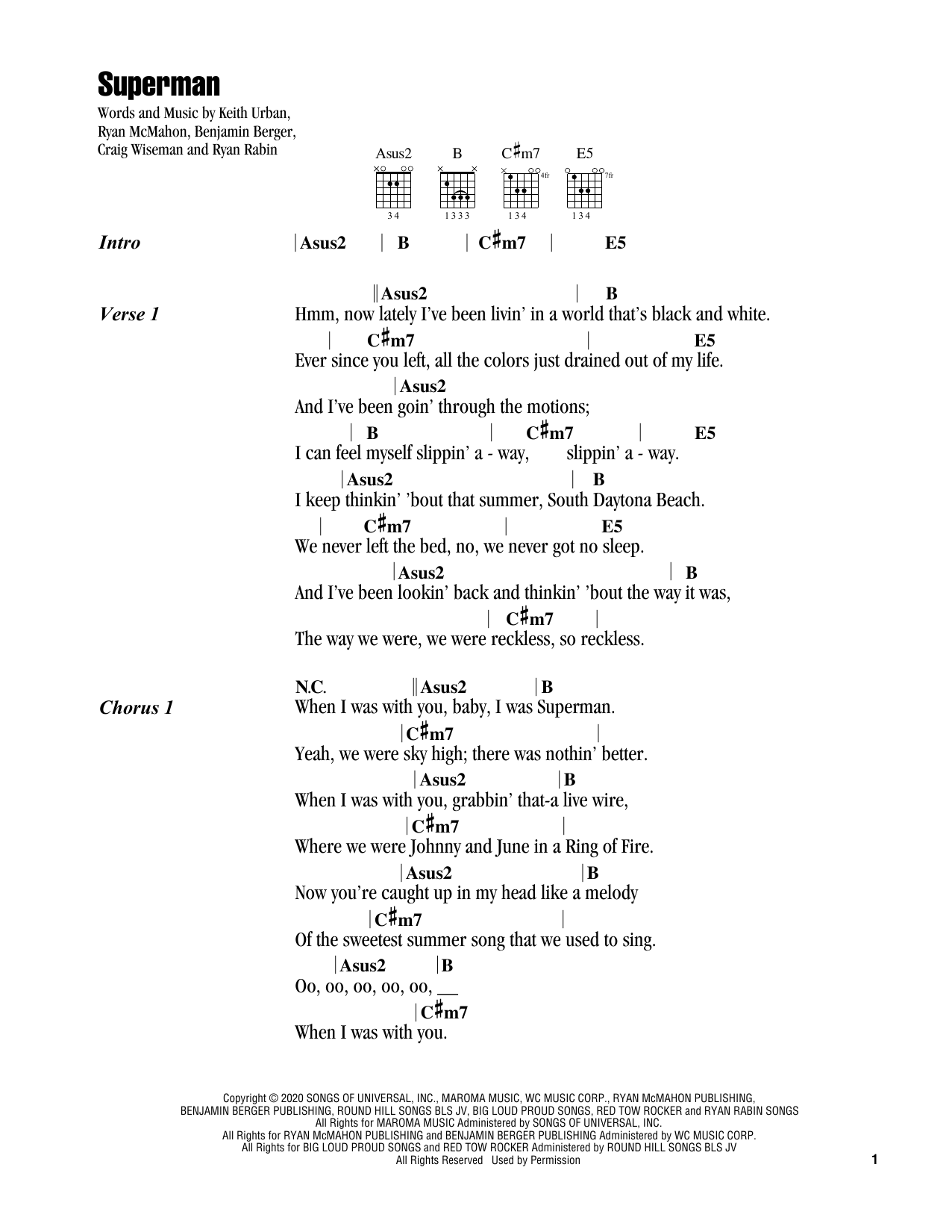 Keith Urban Superman sheet music notes and chords arranged for Guitar Chords/Lyrics