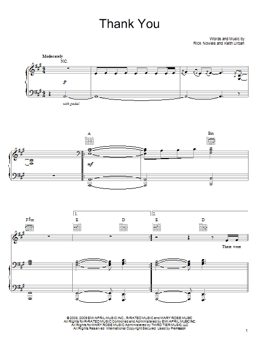 Keith Urban Thank You sheet music notes and chords arranged for Piano, Vocal & Guitar Chords (Right-Hand Melody)