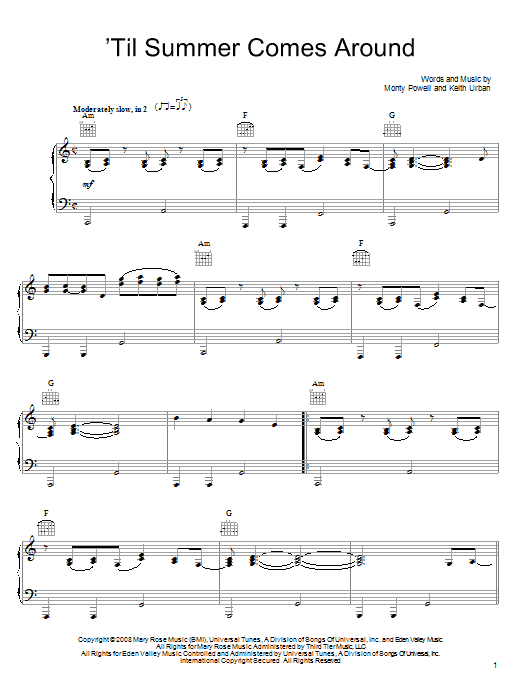 Keith Urban 'Til Summer Comes Around sheet music notes and chords arranged for Piano, Vocal & Guitar Chords (Right-Hand Melody)