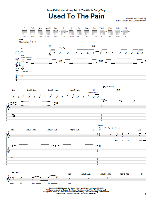 Keith Urban Used To The Pain sheet music notes and chords arranged for Guitar Tab
