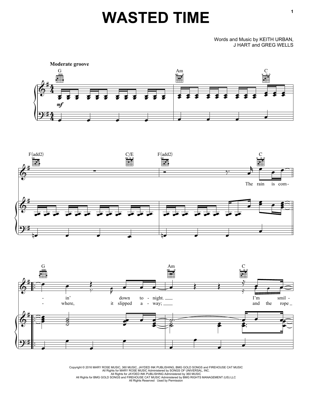 Keith Urban Wasted Time sheet music notes and chords arranged for Piano, Vocal & Guitar Chords (Right-Hand Melody)