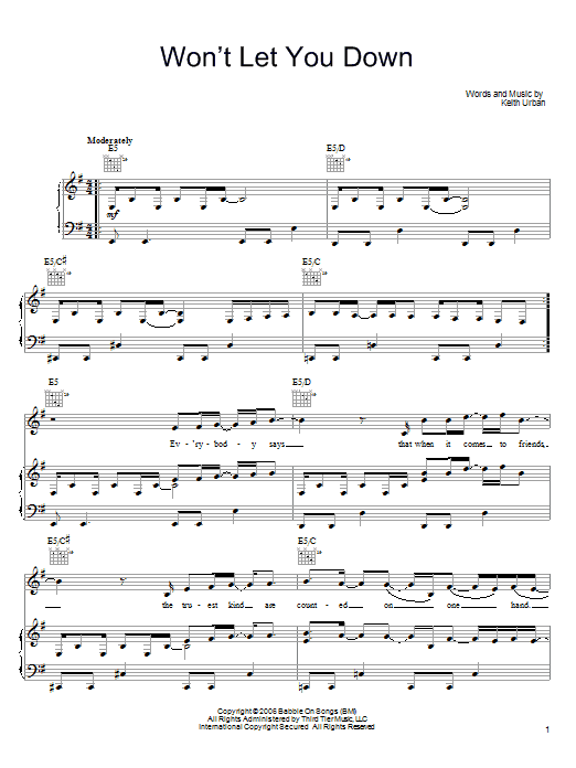 Keith Urban Won't Let You Down sheet music notes and chords arranged for Guitar Tab