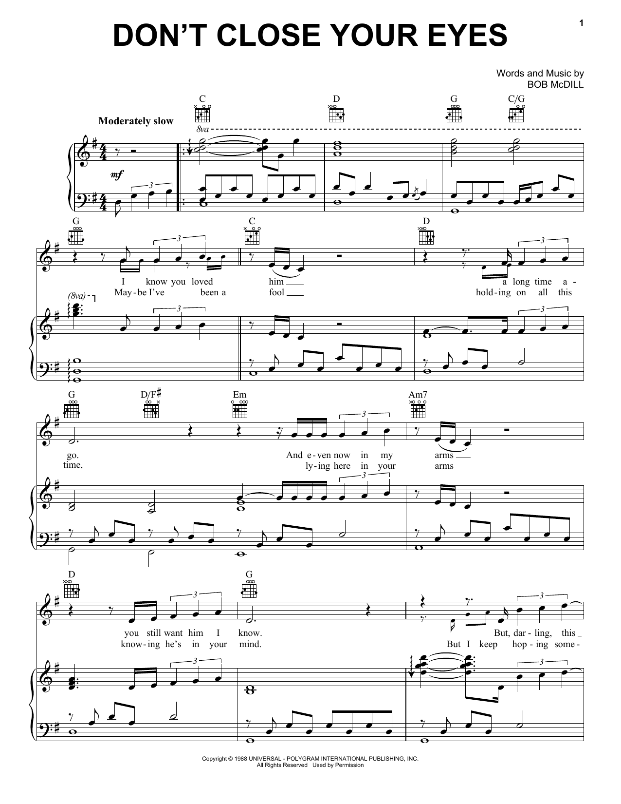 Keith Whitley Don't Close Your Eyes sheet music notes and chords arranged for Piano, Vocal & Guitar Chords (Right-Hand Melody)
