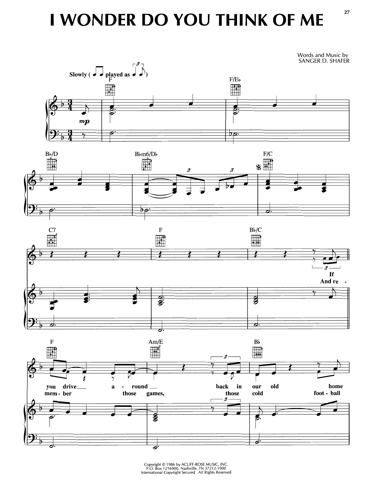 Keith Whitley I Wonder Do You Think Of Me sheet music notes and chords arranged for Piano, Vocal & Guitar Chords (Right-Hand Melody)