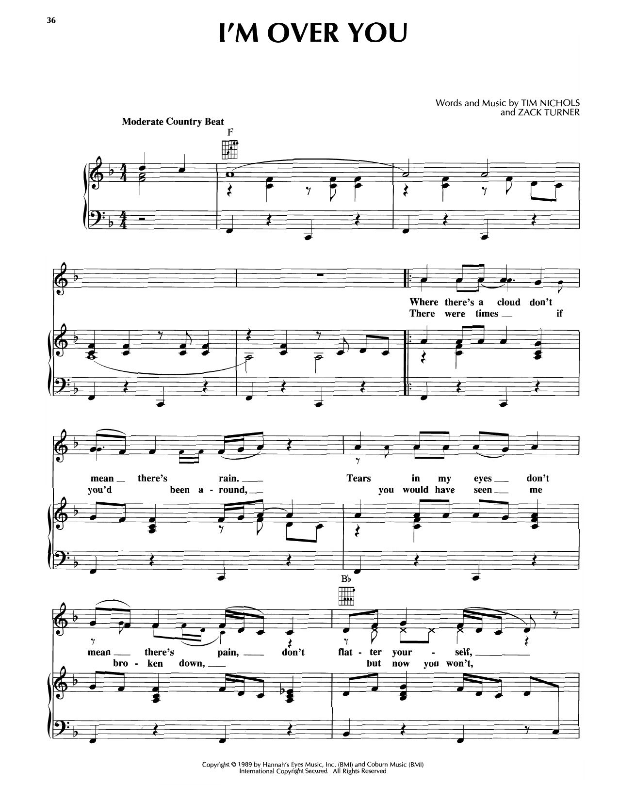 Keith Whitley I'm Over You sheet music notes and chords arranged for Piano, Vocal & Guitar Chords (Right-Hand Melody)