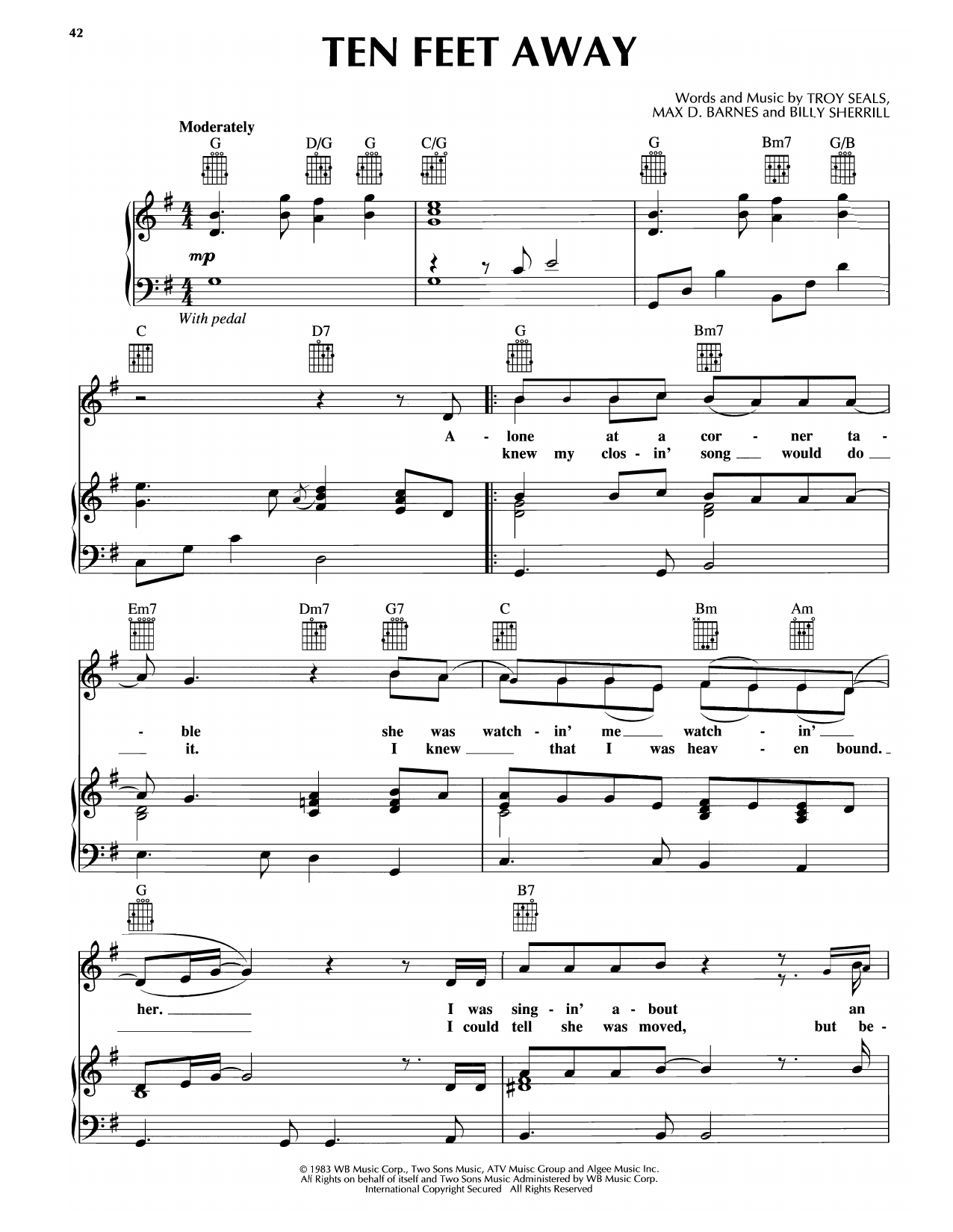 Keith Whitley Ten Feet Away sheet music notes and chords arranged for Piano, Vocal & Guitar Chords (Right-Hand Melody)