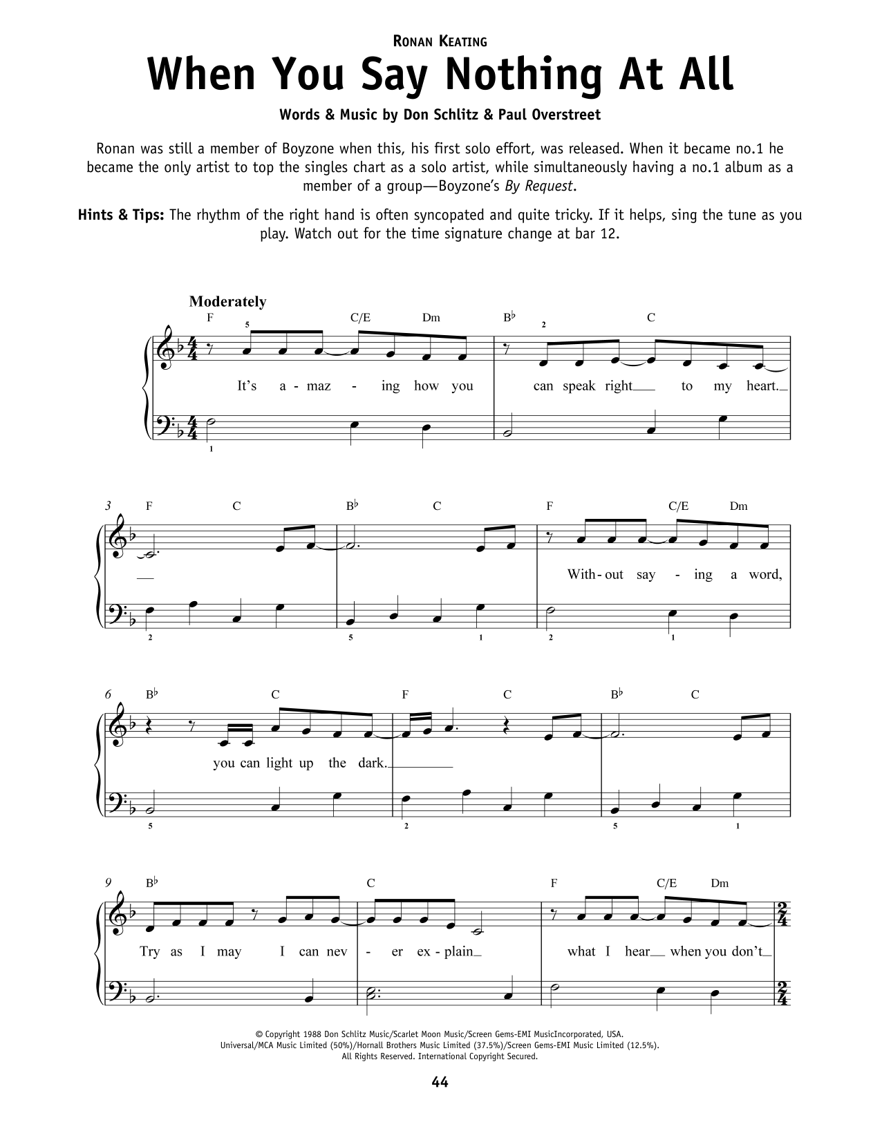 Keith Whitley When You Say Nothing At All sheet music notes and chords arranged for Really Easy Guitar