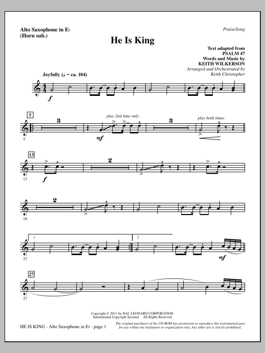 Keith Wilkerson He Is King - Alto Sax (sub. Horn) sheet music notes and chords arranged for Choir Instrumental Pak