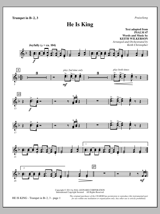 Keith Wilkerson He Is King - Bb Trumpet 2,3 sheet music notes and chords arranged for Choir Instrumental Pak