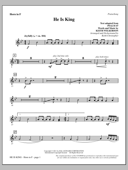 Keith Wilkerson He Is King - F Horn sheet music notes and chords arranged for Choir Instrumental Pak