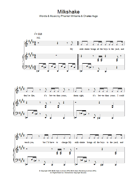 Kelis Milkshake sheet music notes and chords arranged for Piano, Vocal & Guitar Chords (Right-Hand Melody)