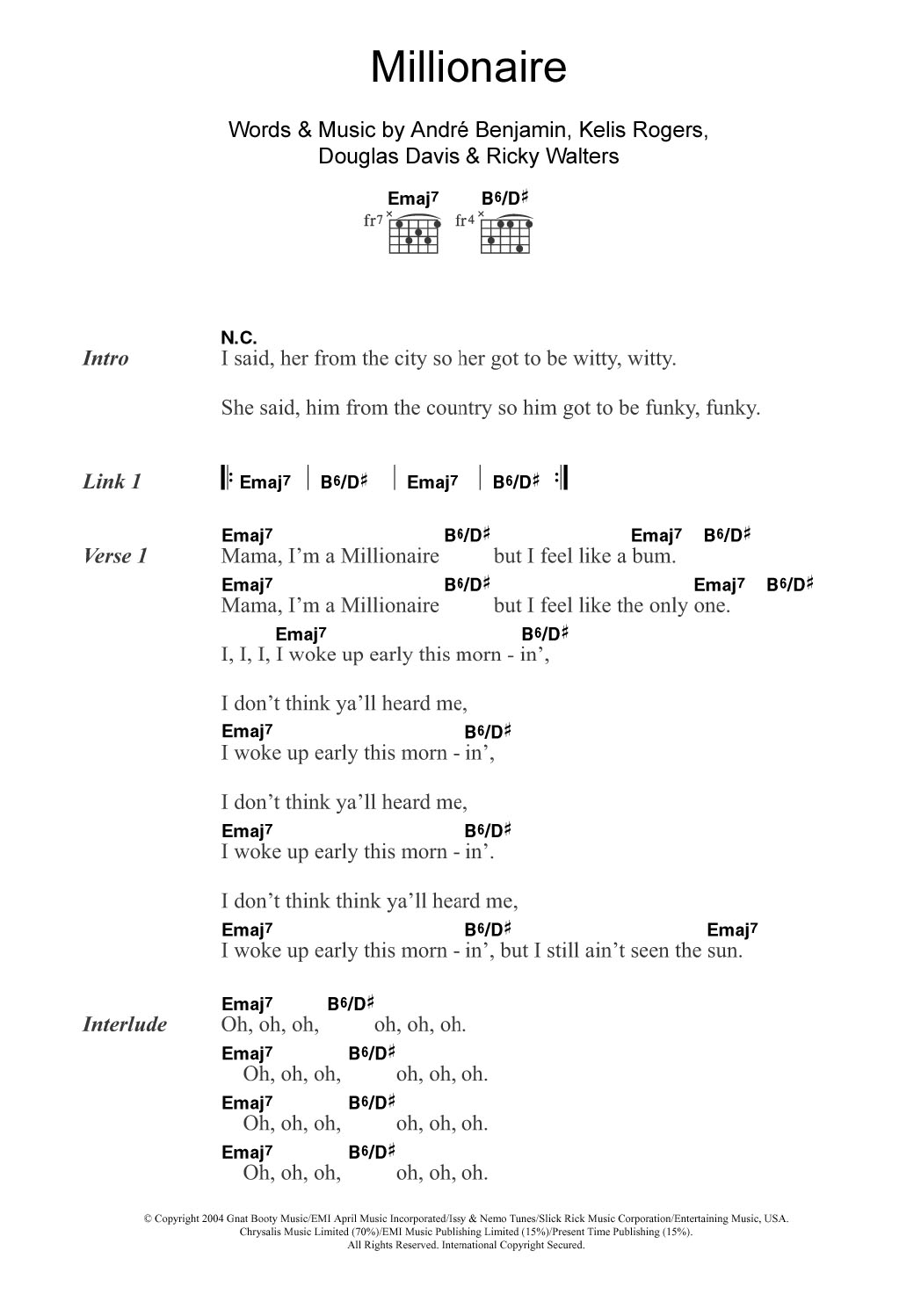 Kelis Millionaire (featuring Andre 3000) sheet music notes and chords arranged for Piano Chords/Lyrics