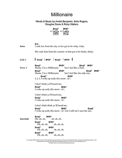Kelis Millionaire (feat. André 3000) sheet music notes and chords arranged for Guitar Chords/Lyrics