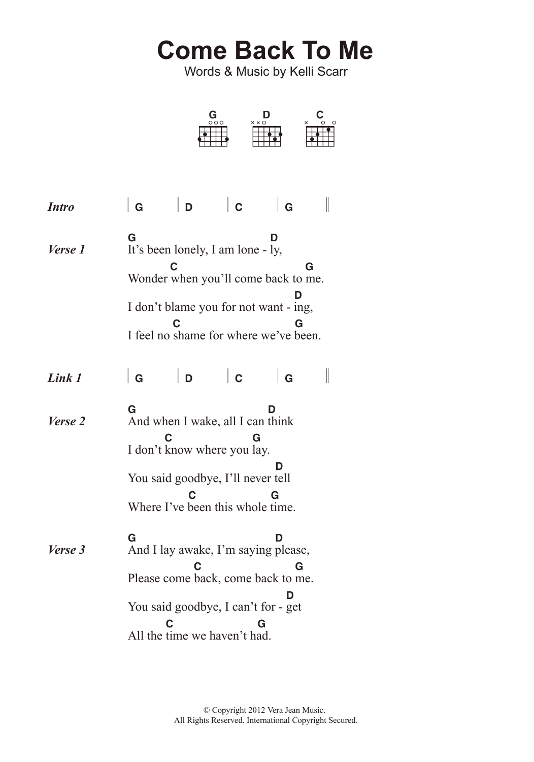 Kelli Scarr Come Back To Me sheet music notes and chords arranged for Guitar Chords/Lyrics