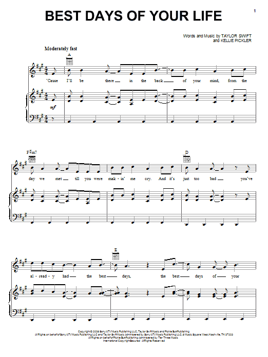 Kellie Pickler Best Days Of Your Life sheet music notes and chords arranged for Piano, Vocal & Guitar Chords (Right-Hand Melody)