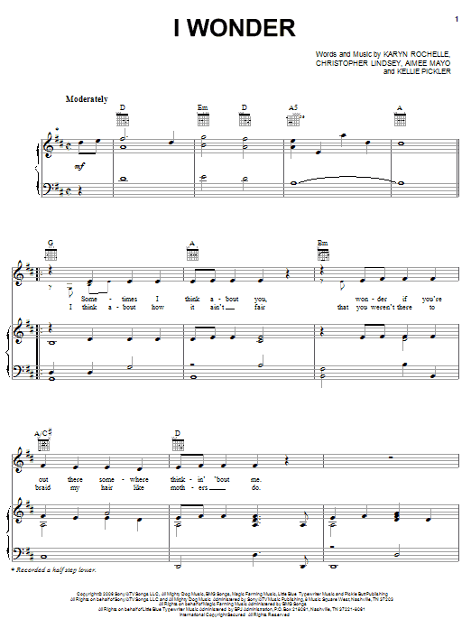 Kellie Pickler I Wonder sheet music notes and chords arranged for Easy Piano