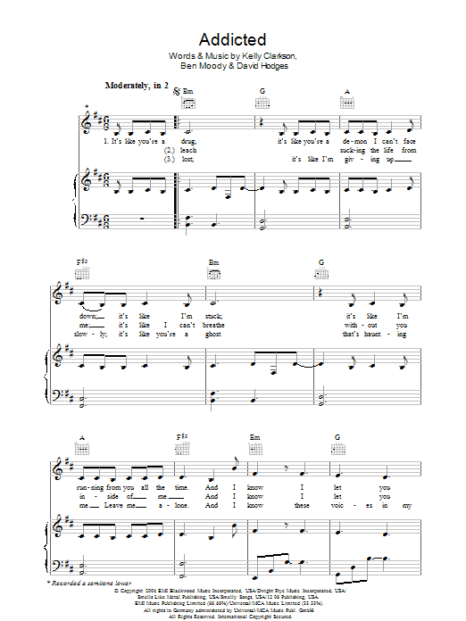 Kelly Clarkson Addicted sheet music notes and chords arranged for Easy Piano