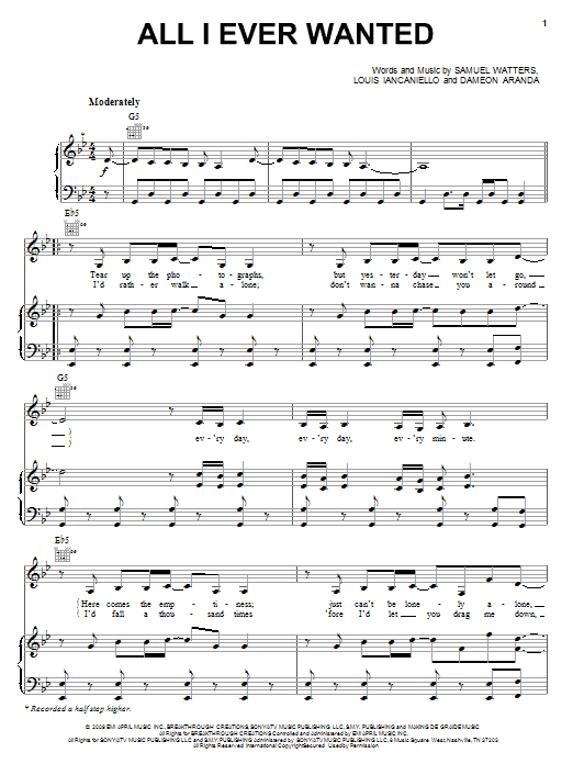 Kelly Clarkson All I Ever Wanted sheet music notes and chords arranged for Piano, Vocal & Guitar Chords (Right-Hand Melody)