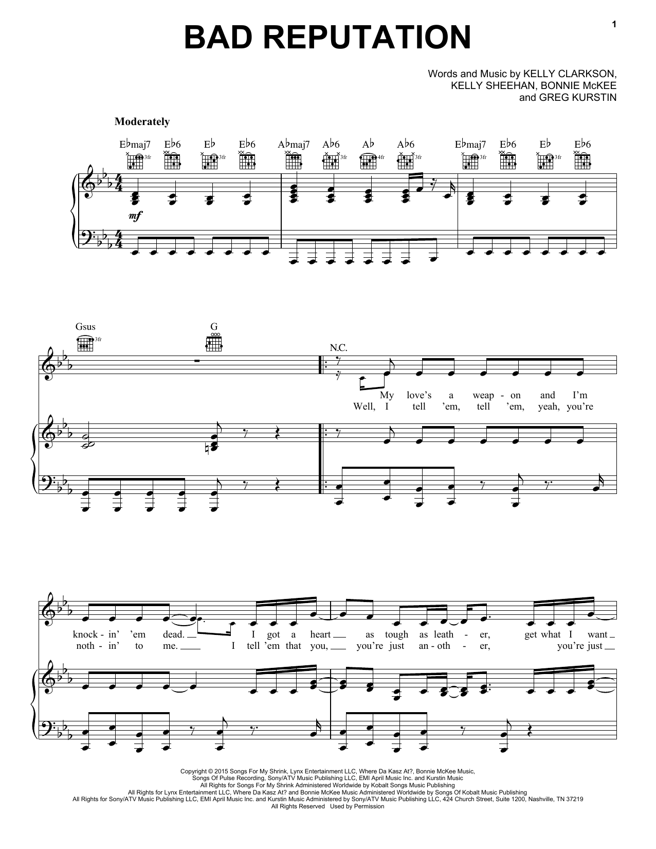 Kelly Clarkson Bad Reputation sheet music notes and chords arranged for Piano, Vocal & Guitar Chords (Right-Hand Melody)