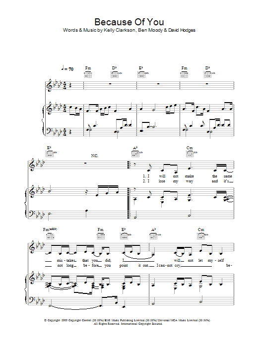 Kelly Clarkson Because Of You sheet music notes and chords arranged for Piano Chords/Lyrics