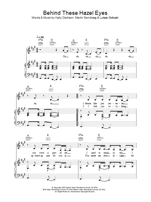Kelly Clarkson Behind These Hazel Eyes sheet music notes and chords arranged for Piano Chords/Lyrics