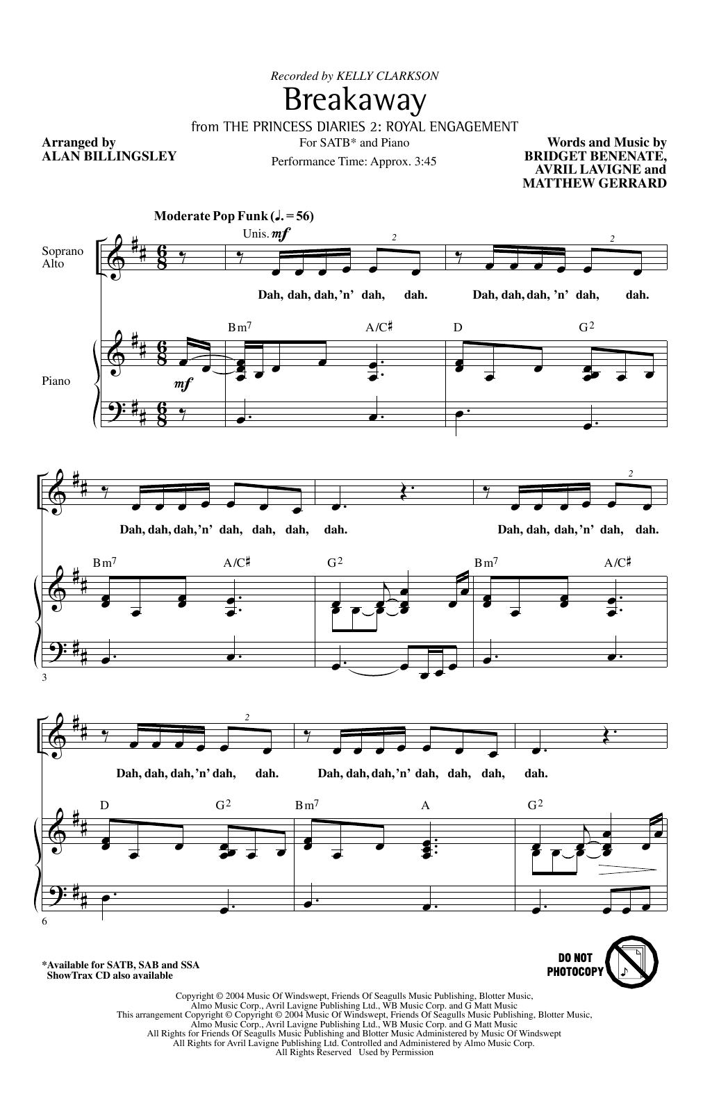 Kelly Clarkson Breakaway (arr. Alan Billingsley) sheet music notes and chords arranged for SAB Choir