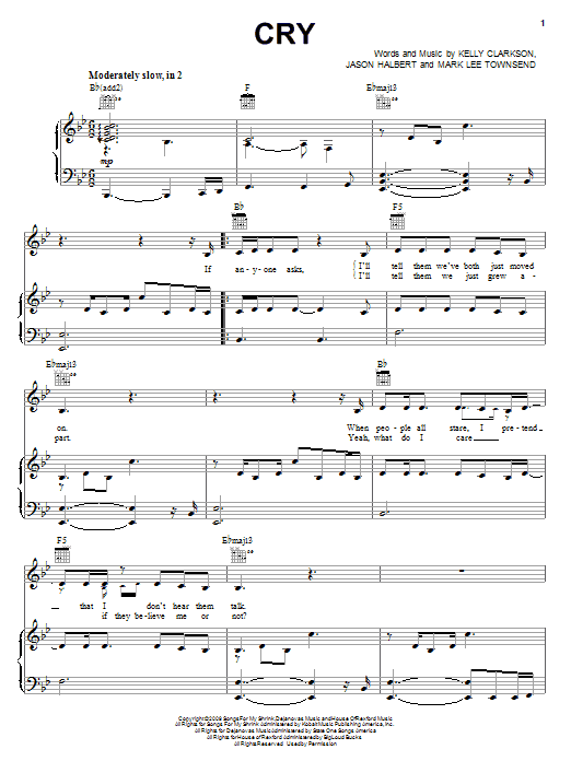 Kelly Clarkson Cry sheet music notes and chords arranged for Piano, Vocal & Guitar Chords (Right-Hand Melody)