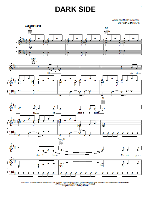 Kelly Clarkson Dark Side sheet music notes and chords arranged for Piano, Vocal & Guitar Chords (Right-Hand Melody)