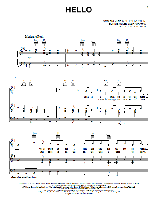 Kelly Clarkson Hello sheet music notes and chords arranged for Piano, Vocal & Guitar Chords (Right-Hand Melody)