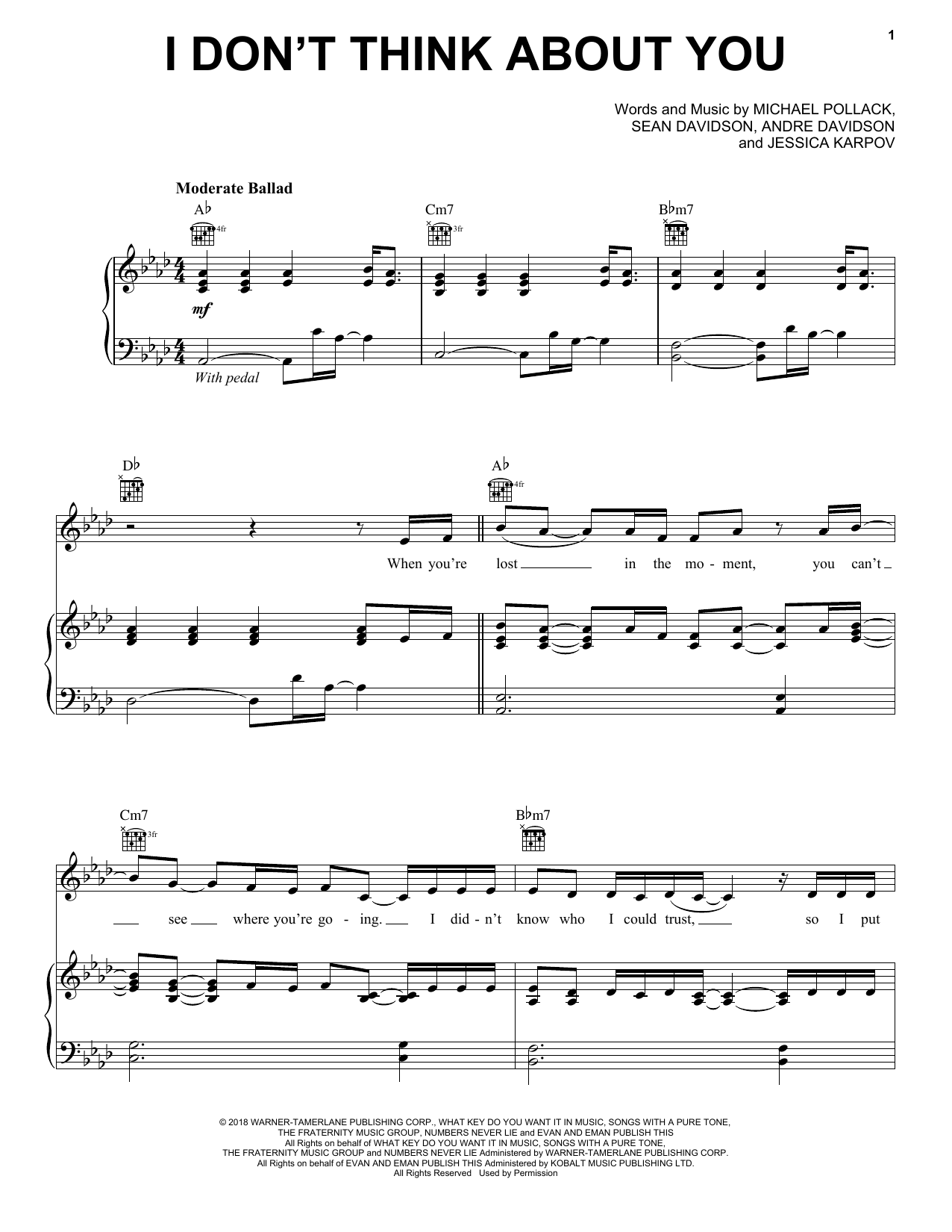 Kelly Clarkson I Don't Think About You sheet music notes and chords arranged for Piano, Vocal & Guitar Chords (Right-Hand Melody)