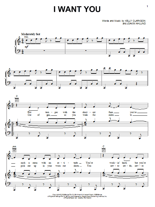 Kelly Clarkson I Want You sheet music notes and chords arranged for Piano, Vocal & Guitar Chords (Right-Hand Melody)