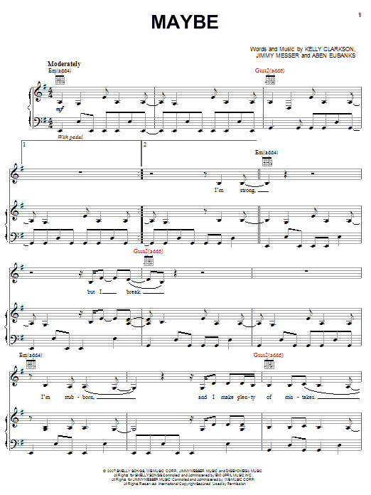 Kelly Clarkson Maybe sheet music notes and chords arranged for Piano, Vocal & Guitar Chords (Right-Hand Melody)