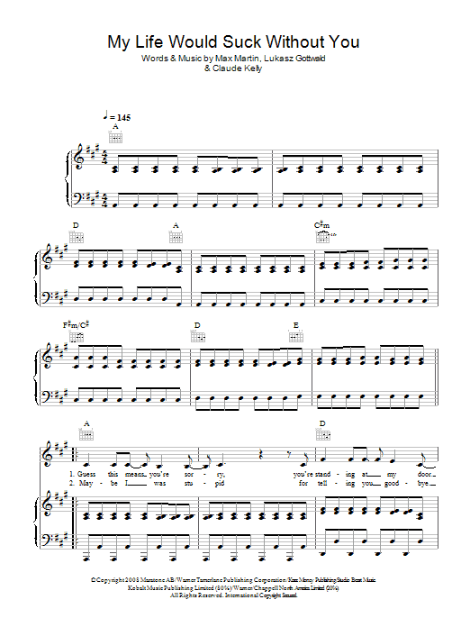 Kelly Clarkson My Life Would Suck Without You sheet music notes and chords arranged for 5-Finger Piano