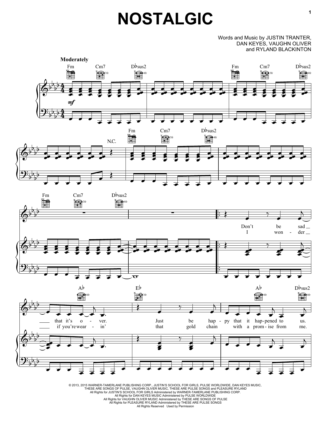 Kelly Clarkson Nostalgic sheet music notes and chords arranged for Piano, Vocal & Guitar Chords (Right-Hand Melody)