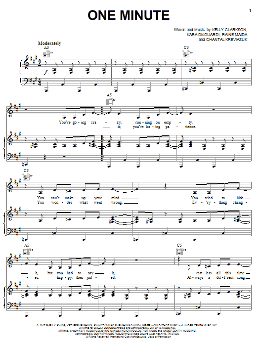 Kelly Clarkson One Minute sheet music notes and chords arranged for Piano, Vocal & Guitar Chords (Right-Hand Melody)
