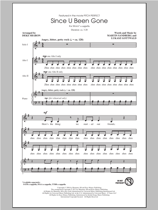 Kelly Clarkson Since U Been Gone (as performed in Pitch Perfect) (arr. Deke Sharon) sheet music notes and chords arranged for SATB Choir