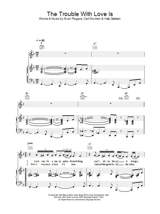 Kelly Clarkson The Trouble With Love Is sheet music notes and chords arranged for Piano, Vocal & Guitar Chords