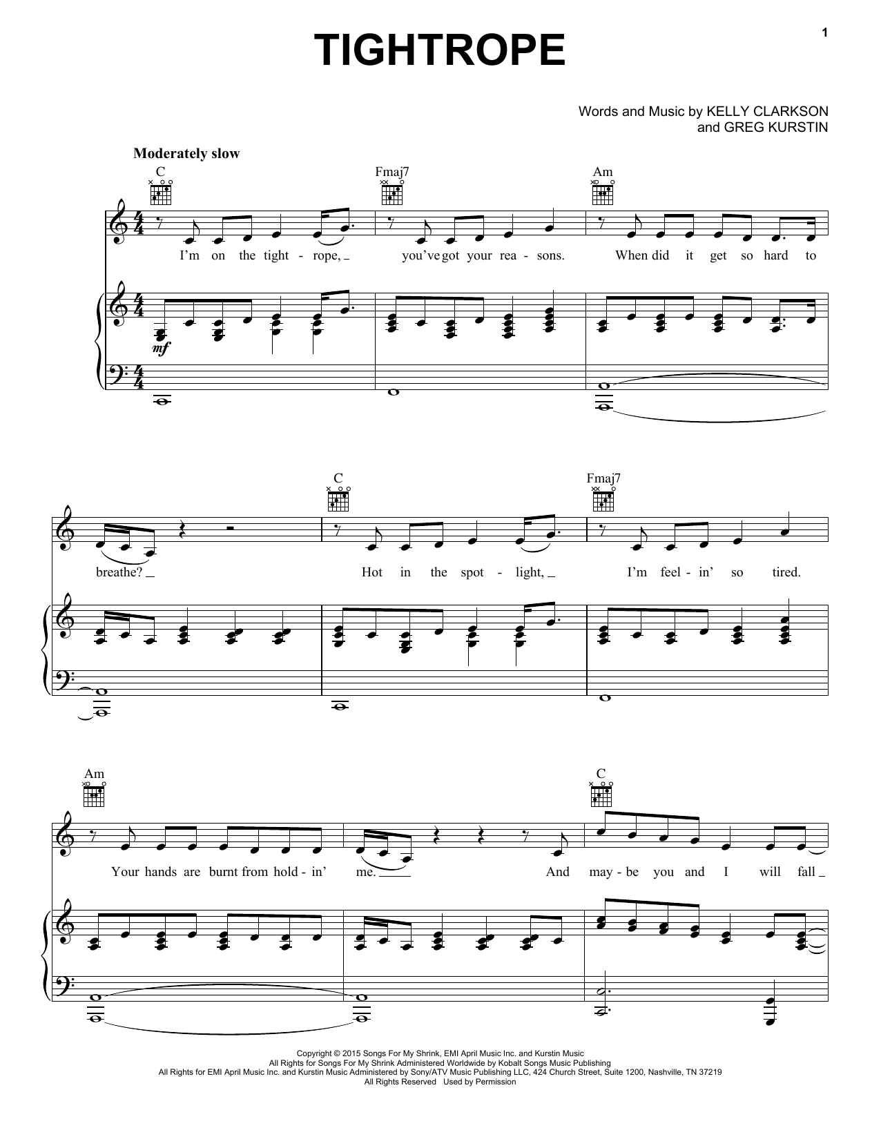 Kelly Clarkson Tightrope sheet music notes and chords arranged for Piano, Vocal & Guitar Chords (Right-Hand Melody)