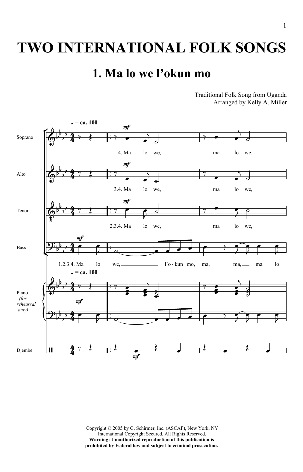 Kelly Miller Two International Folk Songs sheet music notes and chords arranged for SATB Choir