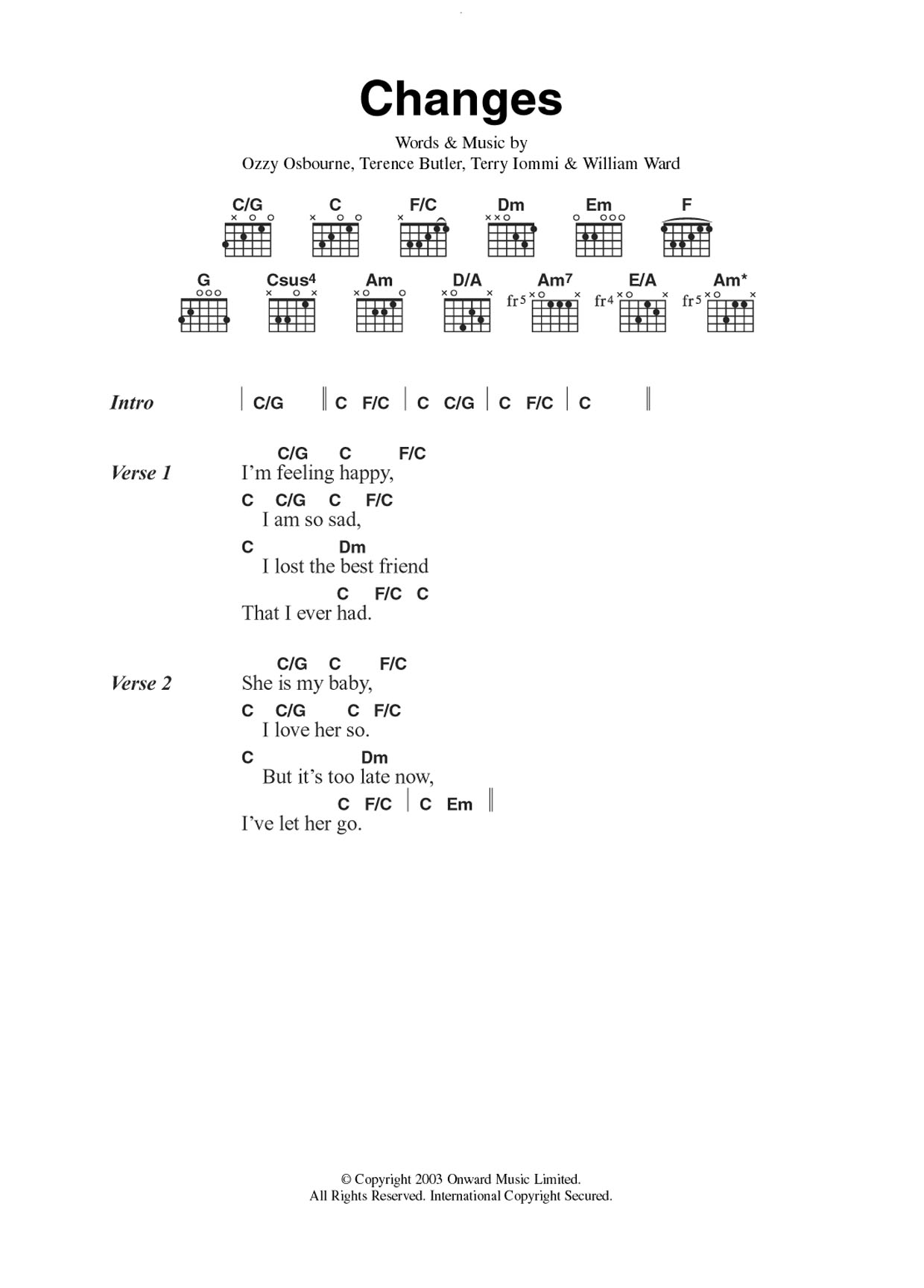 Ozzy Osbourne Changes sheet music notes and chords arranged for Guitar Chords/Lyrics