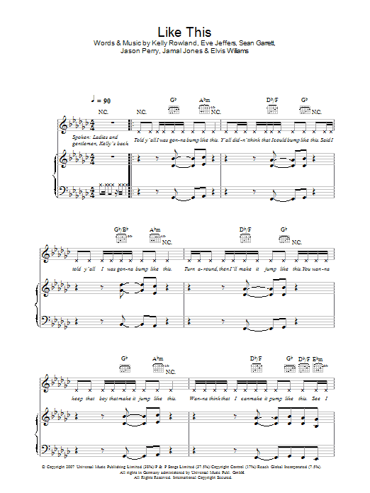 Kelly Rowland Like This sheet music notes and chords arranged for Piano, Vocal & Guitar Chords