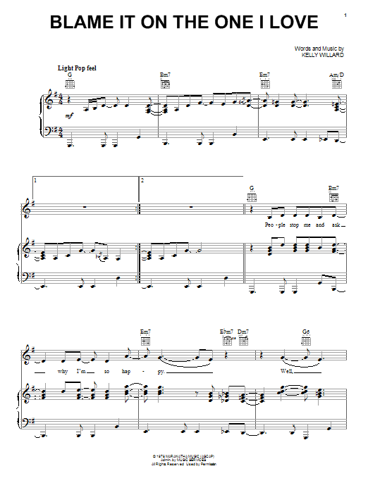 Kelly Willard Blame It On The One I Love sheet music notes and chords arranged for Piano, Vocal & Guitar Chords (Right-Hand Melody)