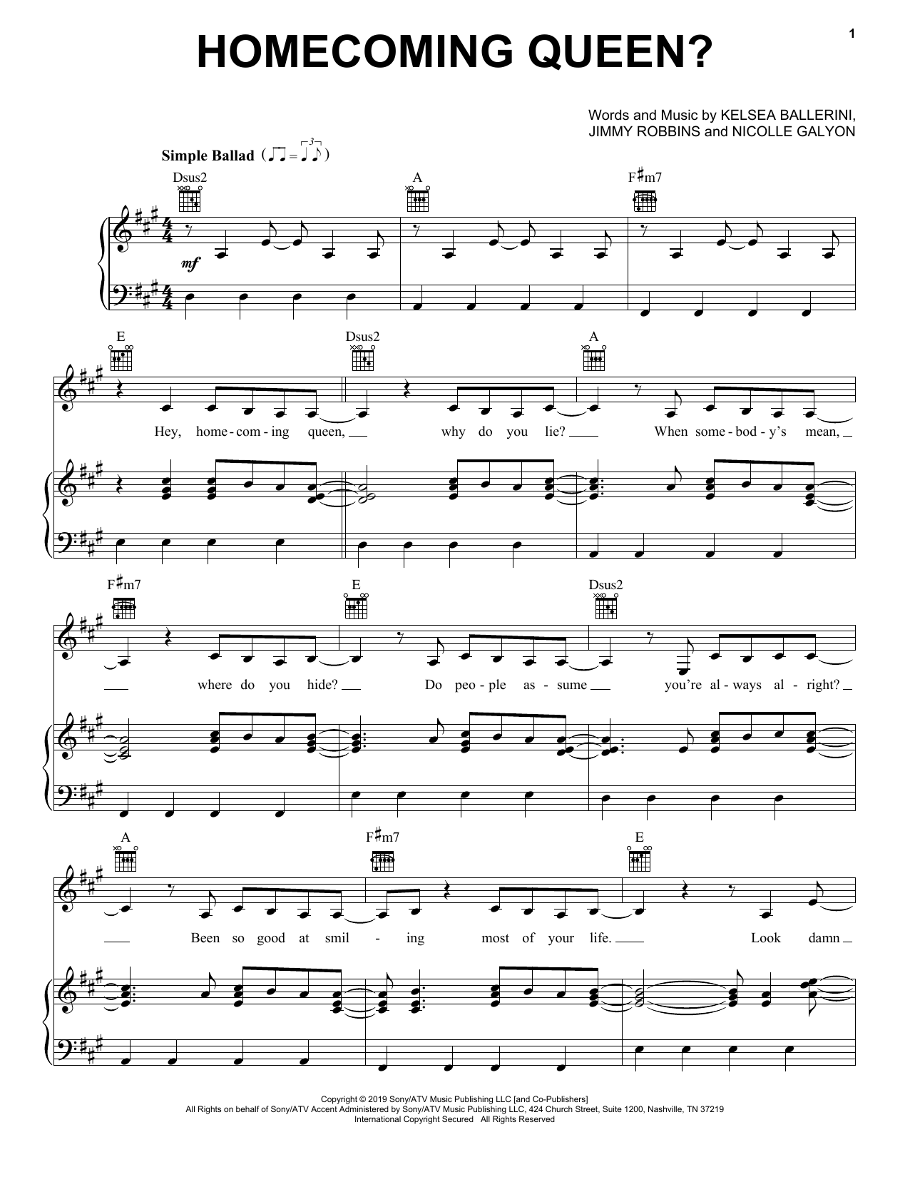 Kelsea Ballerini homecoming queen? sheet music notes and chords arranged for Piano, Vocal & Guitar Chords (Right-Hand Melody)