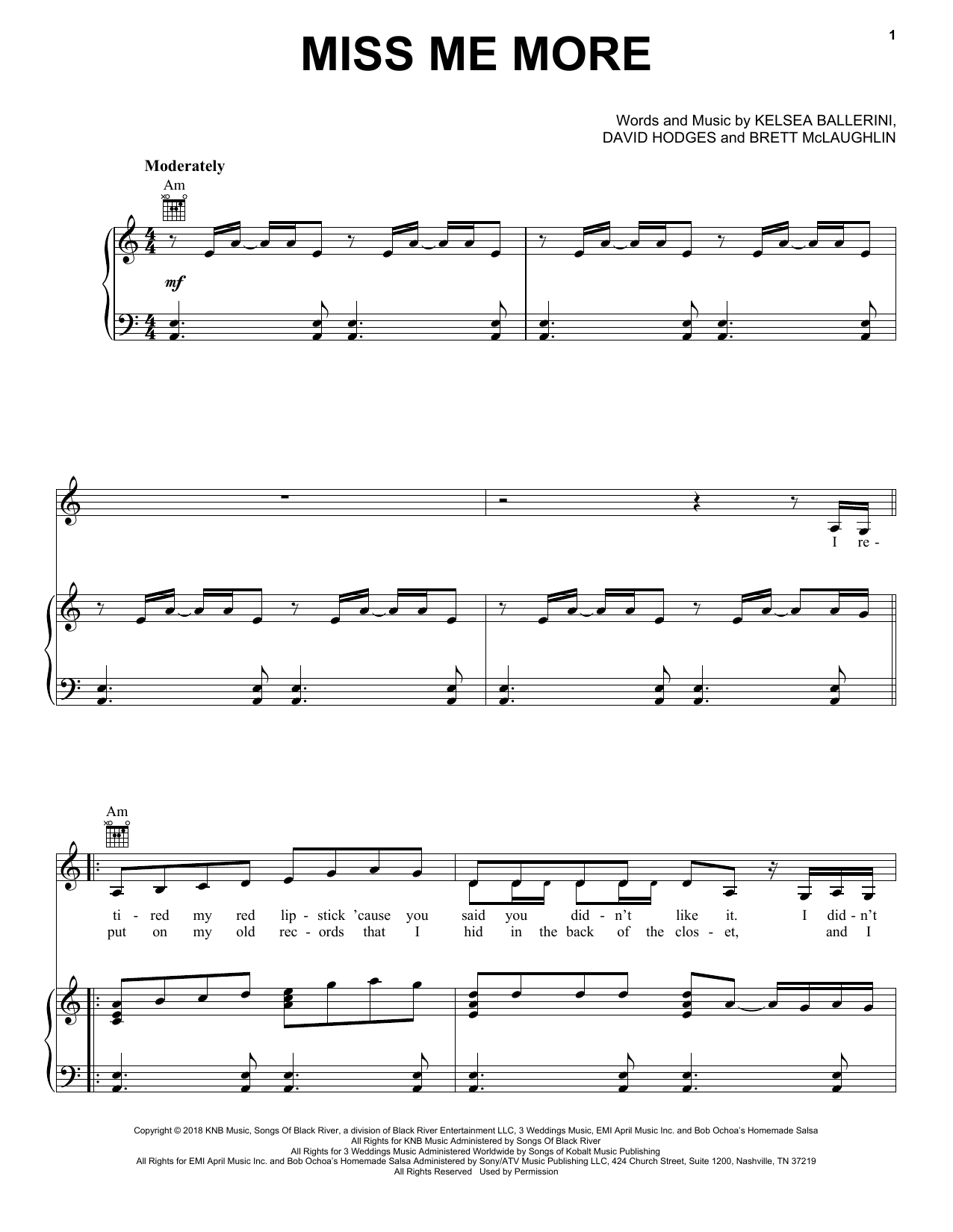 Kelsea Ballerini Miss Me More sheet music notes and chords arranged for Piano, Vocal & Guitar Chords (Right-Hand Melody)
