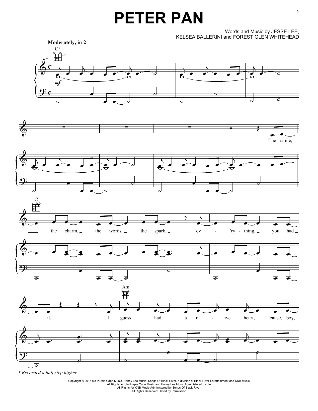 Kelsea Ballerini Peter Pan sheet music notes and chords arranged for Piano, Vocal & Guitar Chords (Right-Hand Melody)