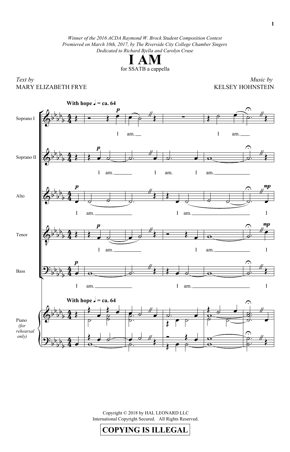 Kelsey Hohnstein I Am sheet music notes and chords arranged for SATB Choir